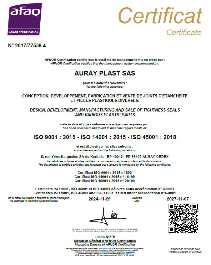 certificat iso9001 auray plast